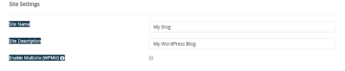 Enter WordPress site name and description