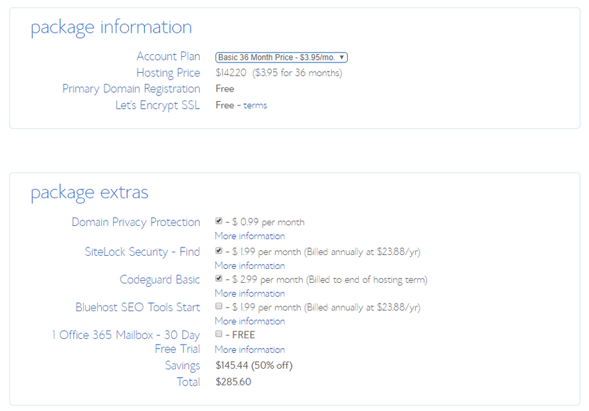 Bluehost package information