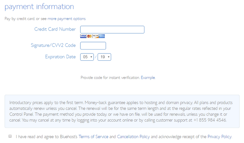Bluehost payment information