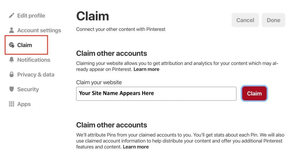 Claiming your website on Pinterest
