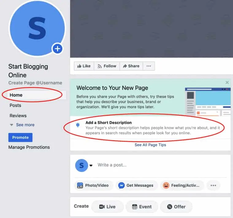 How to create a Facebook blog page description