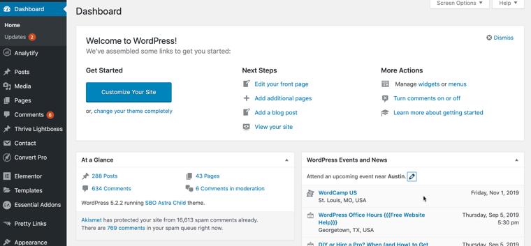 WordPress dashboard