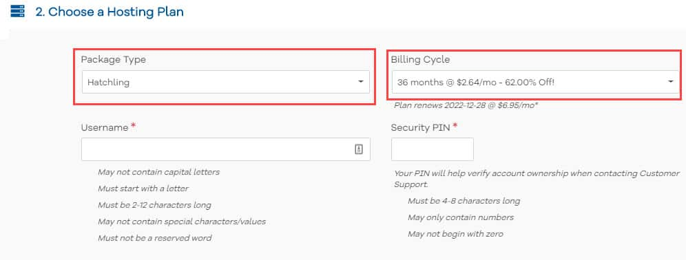 Hosting type and duration length