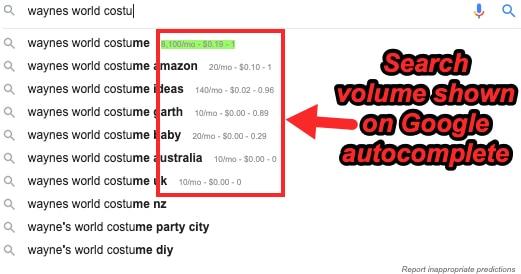 Google autocomplete in search volume using Keywords Everywhere