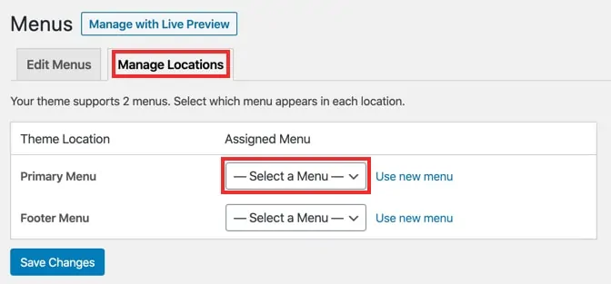 Manage menu location