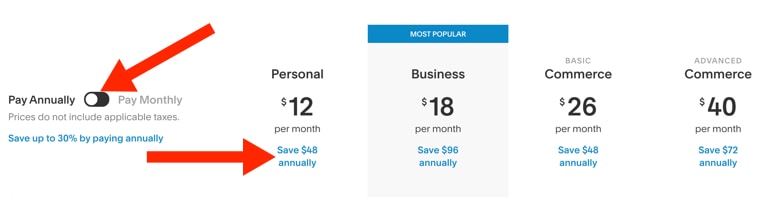 Squarespace pricing annual rates